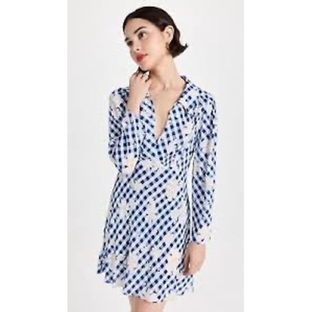RIXO London Blue Gingham Daisy Floral V-Neck Mini Dress Smocked Back Size 10 - Picture 2 of 6